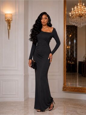 The Commons NWT Black One Shoulder Ruched Bodycon Maxi Dress Size S Fully Lined